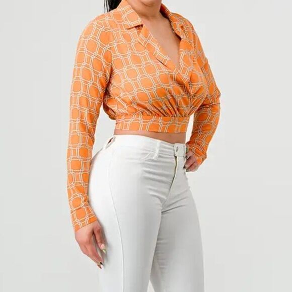 Luxe Wooldobby Print Collard Waist Back Tie Top - Picture 2 of 4